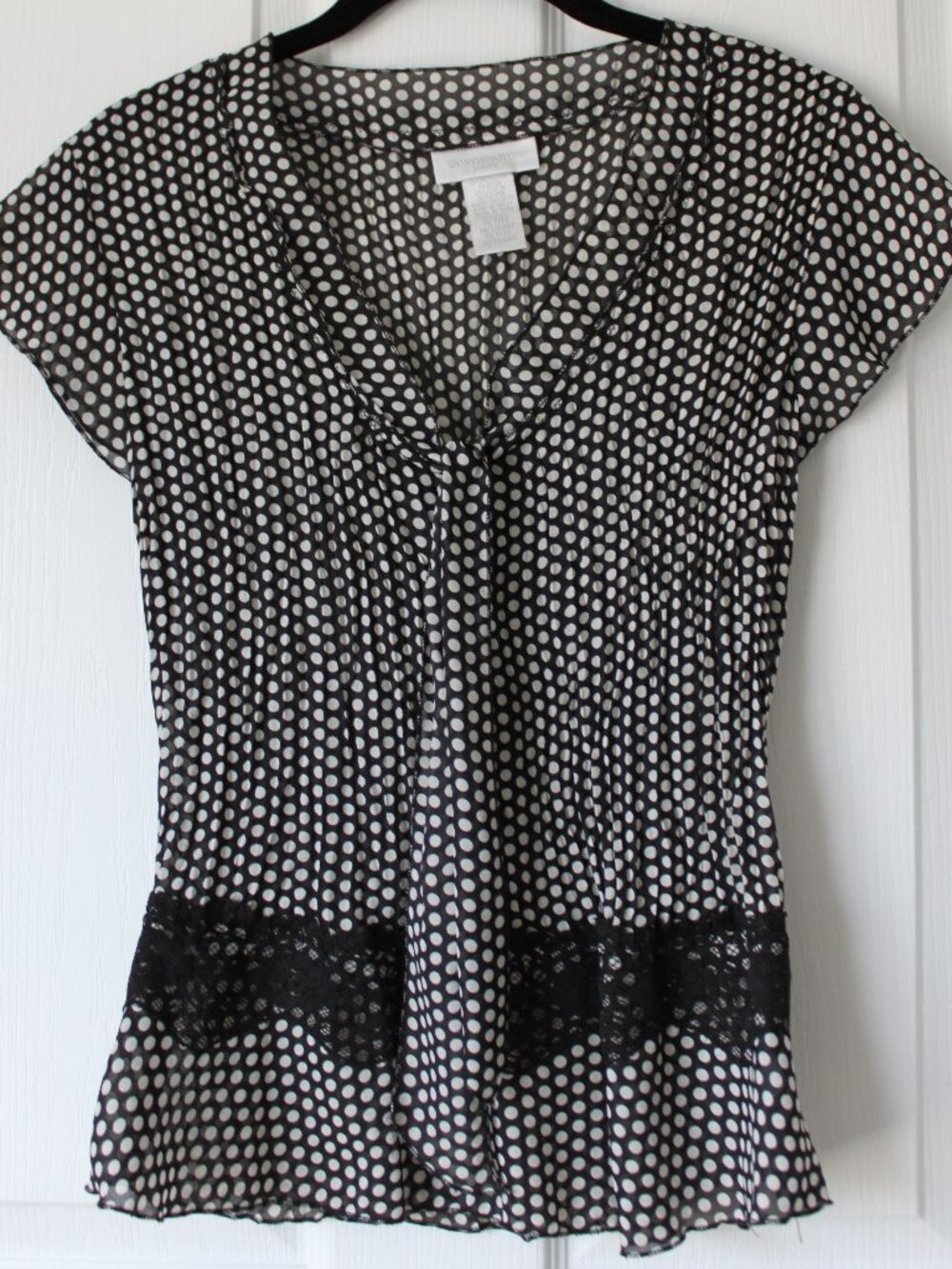 Worthington Petite PM Black & White Polka Dot Pleated Career Blouse